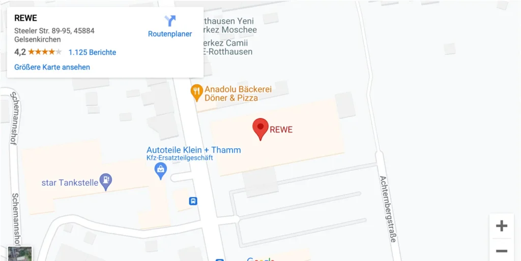 Google Maps Karte vom Standort Gelsenkirchen Rewe